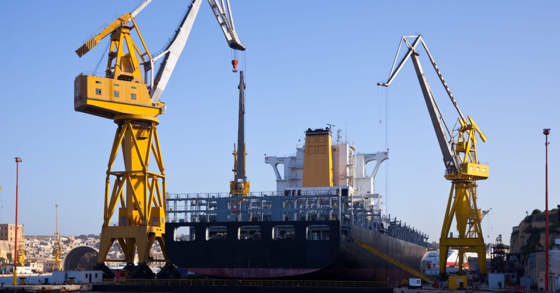 Ship in dry dock at Grand harbour (Valletta, Malta)